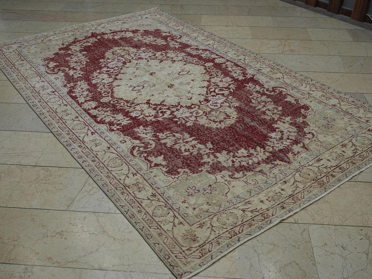 Vintage Oushak Rug: 5.7x9.2 ft, Red Beige Geometric Turkish Carpet