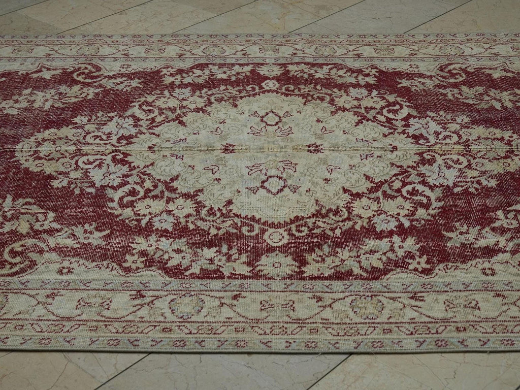 Vintage Oushak Rug: 5.7x9.2 ft, Red Beige Geometric Turkish Carpet