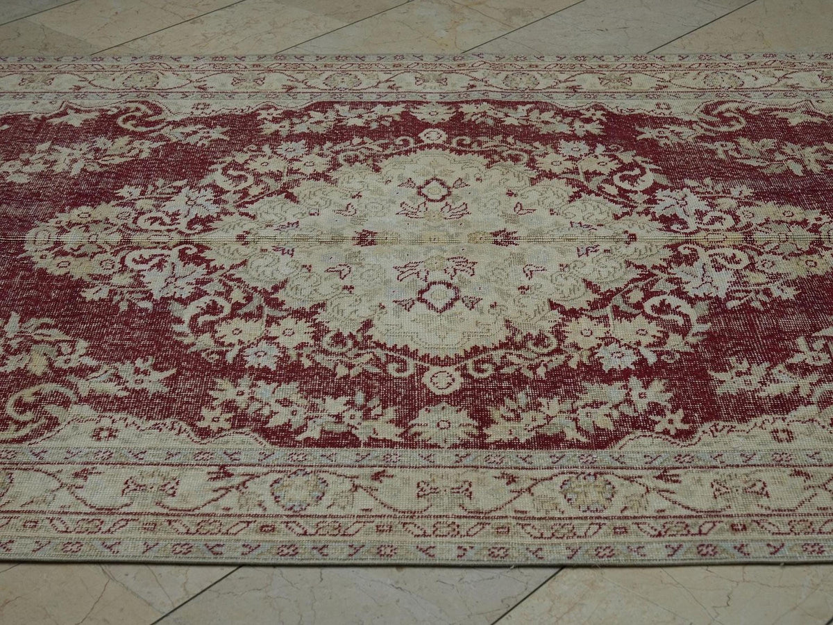 Vintage Oushak Rug: 5.7x9.2 ft, Red Beige Geometric Turkish Carpet