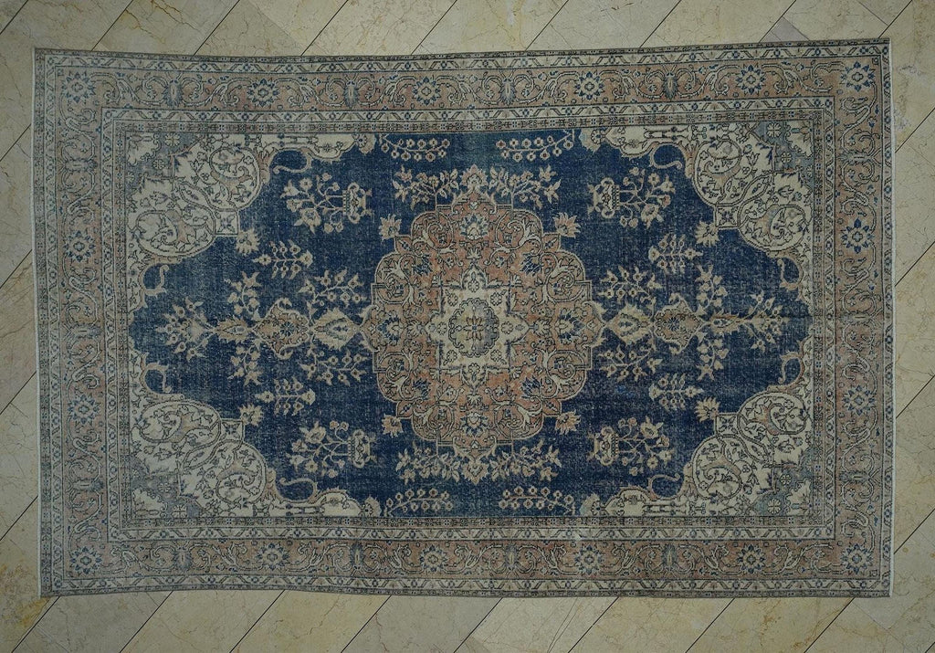 Navy Blue Oushak Rug: 7x10 Vintage Turkish Wool Carpet