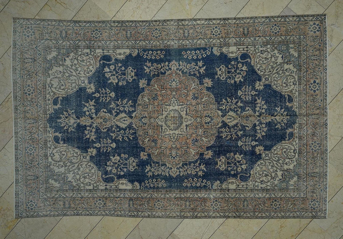 Navy Blue Oushak Rug: 7x10 Vintage Turkish Wool Carpet