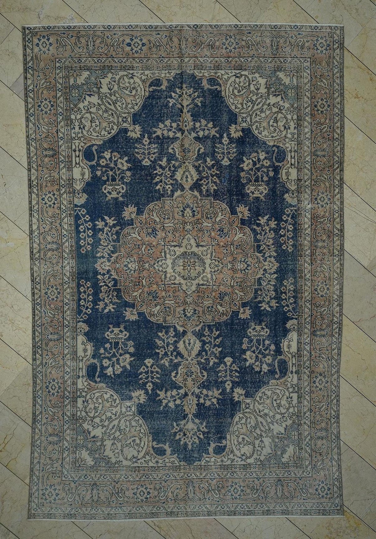 Navy Blue Oushak Rug: 7x10 Vintage Turkish Wool Carpet
