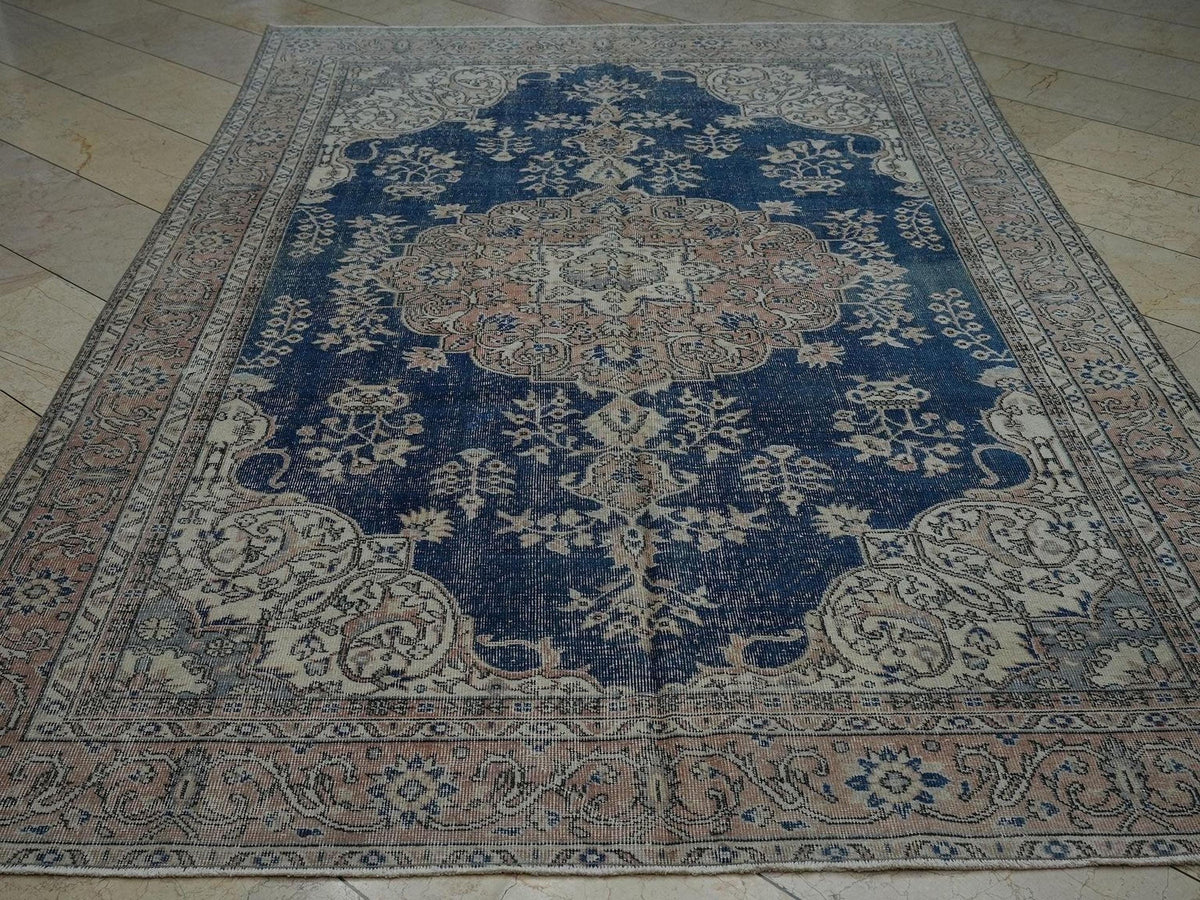 Navy Blue Oushak Rug: 7x10 Vintage Turkish Wool Carpet