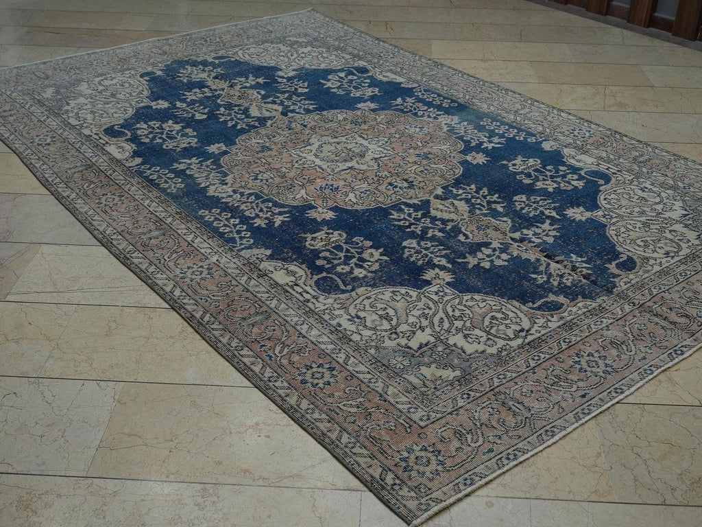 Navy Blue Oushak Rug: 7x10 Vintage Turkish Wool Carpet