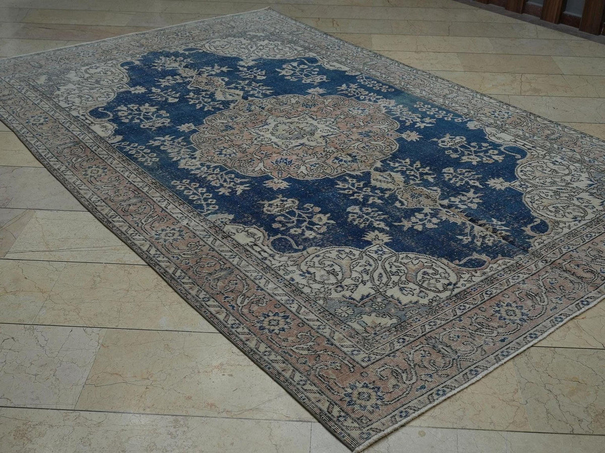 Navy Blue Oushak Rug: 7x10 Vintage Turkish Wool Carpet