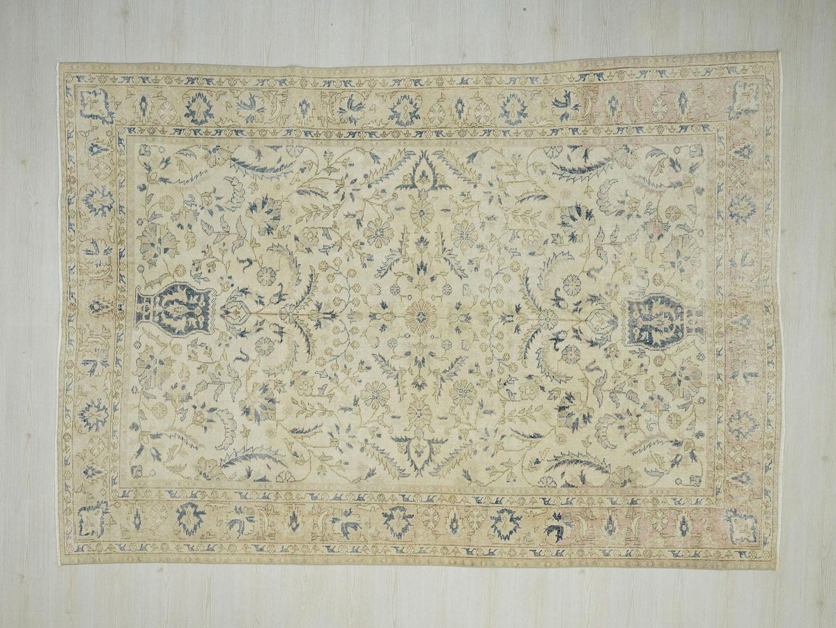 Vintage Beige & Blue Oushak Rug: Large Turkish Wool Carpet Rugs, 6,9"x9,8" Feet.