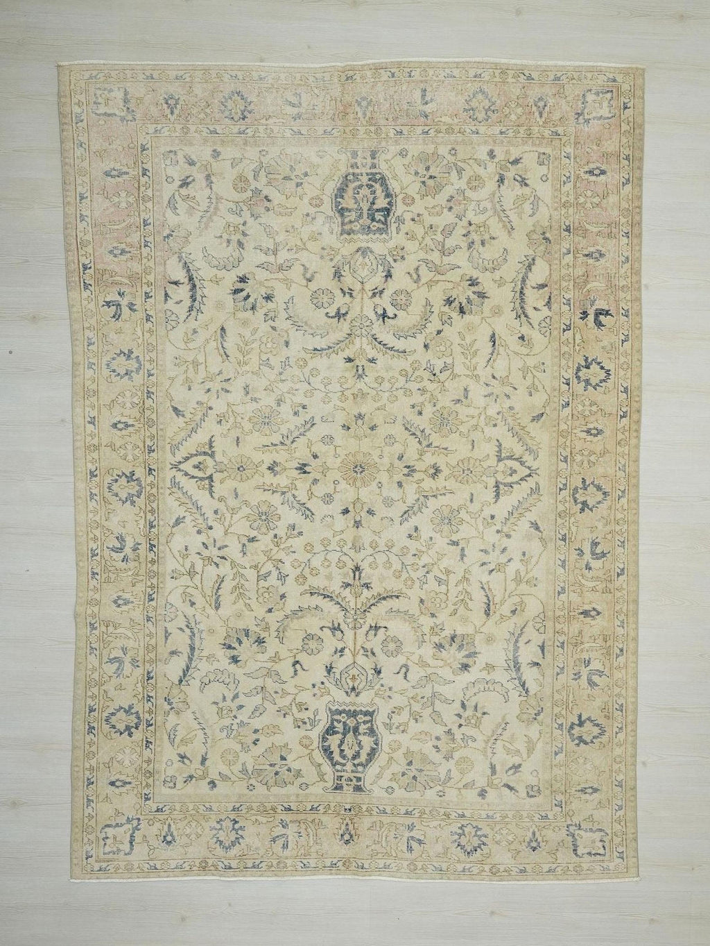 Vintage Beige & Blue Oushak Rug: Large Turkish Wool Carpet Rugs, 6,9"x9,8" Feet.
