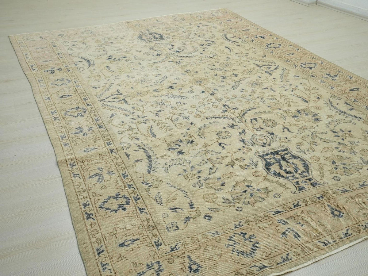 Vintage Beige & Blue Oushak Rug: Large Turkish Wool Carpet Rugs, 6,9"x9,8" Feet.