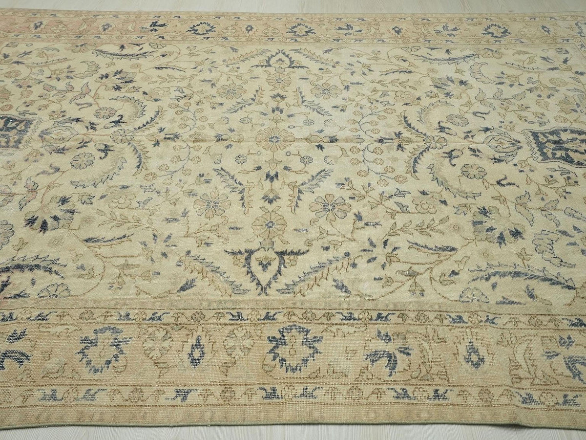 Vintage Beige & Blue Oushak Rug: Large Turkish Wool Carpet Rugs, 6,9"x9,8" Feet.