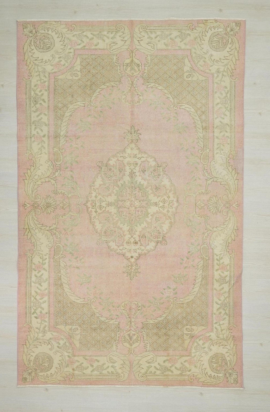 Vintage Oushak Turkish Rug: Salmon Pink Mid Century Modern Wool Rugs,6,11x10,1 Feet.