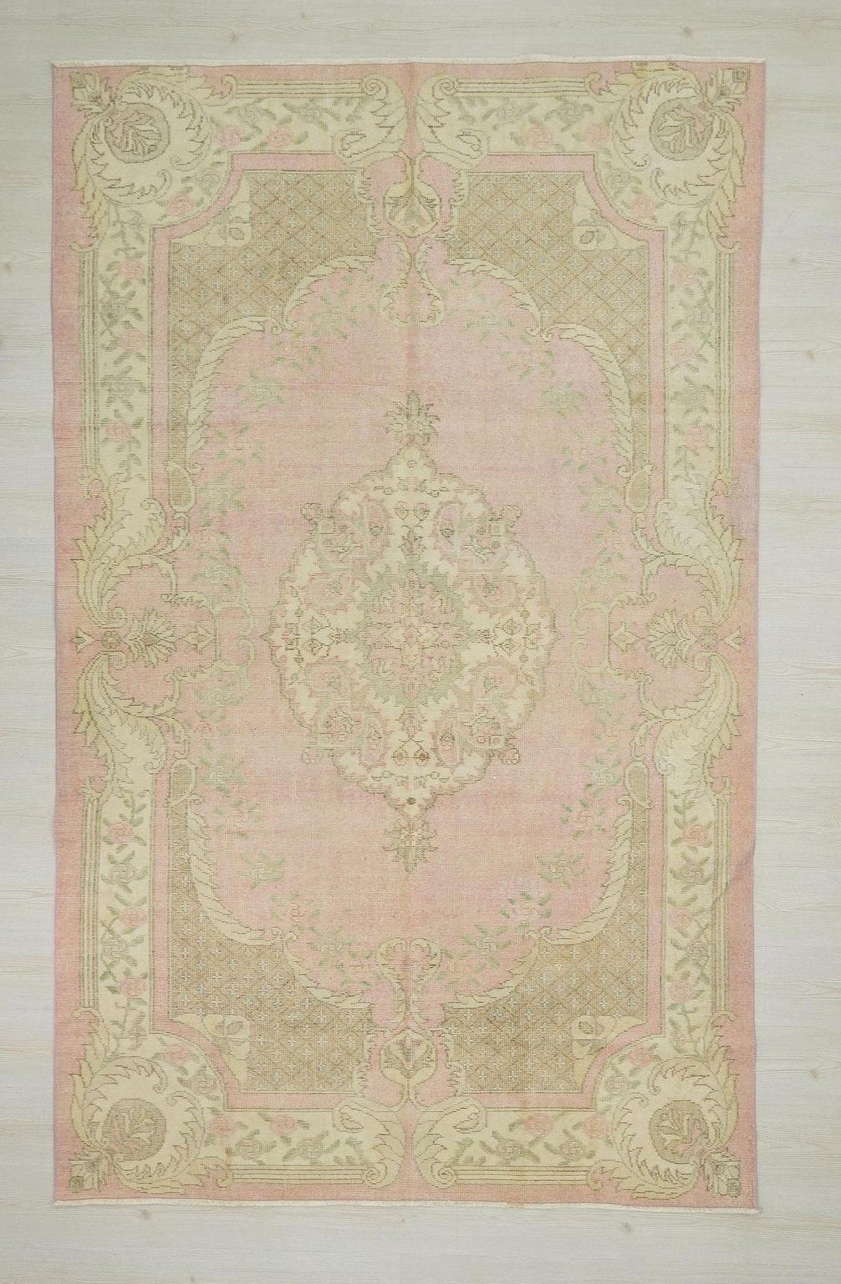 Vintage Oushak Turkish Rug: Salmon Pink Mid Century Modern Wool Rugs,6,11x10,1 Feet.