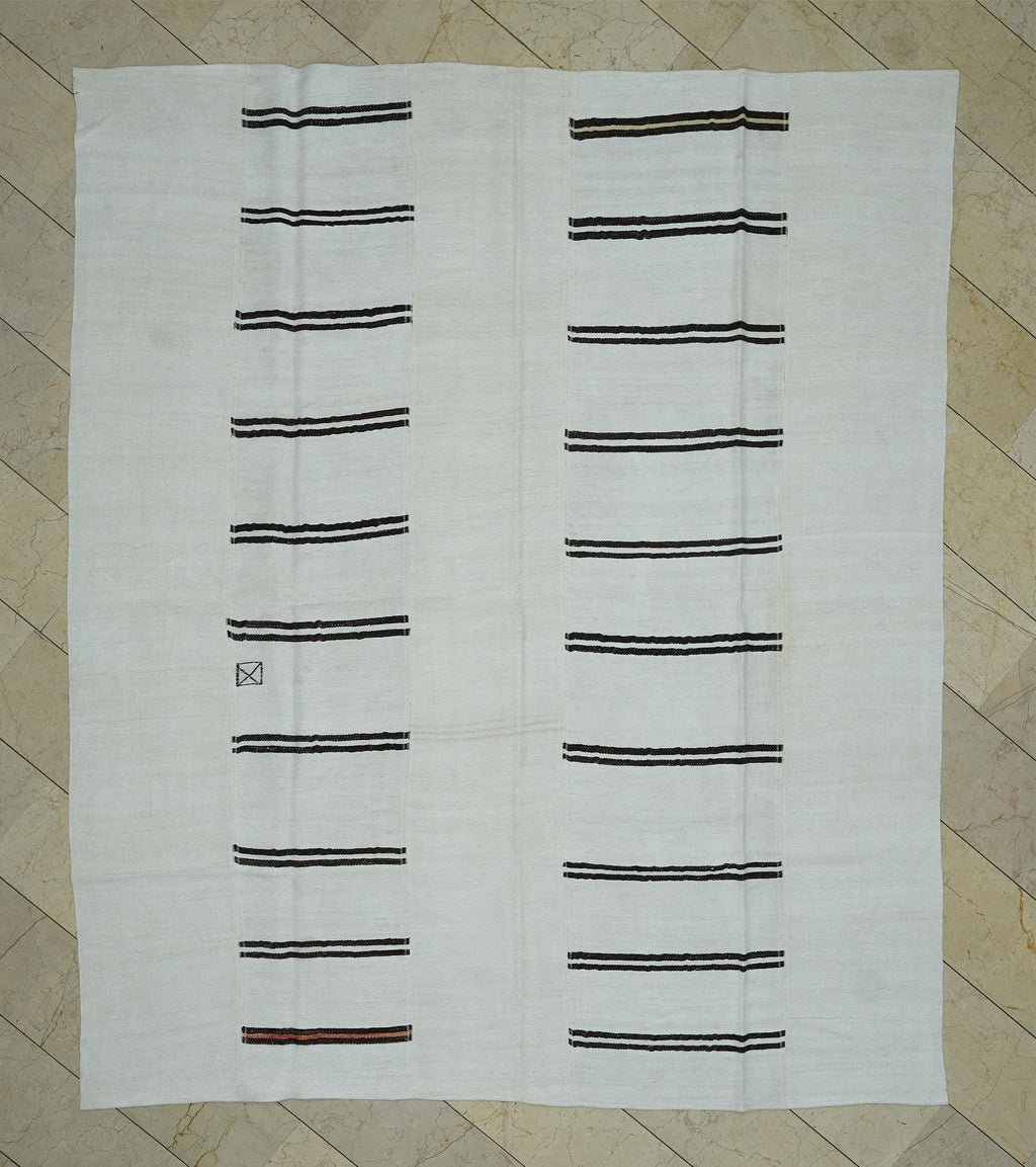 Scandinavian Style Turkish Hemp Patchwork Kilim Rug: Minimal Broken Stripe Rugs, 8.2x9.6 Feet.