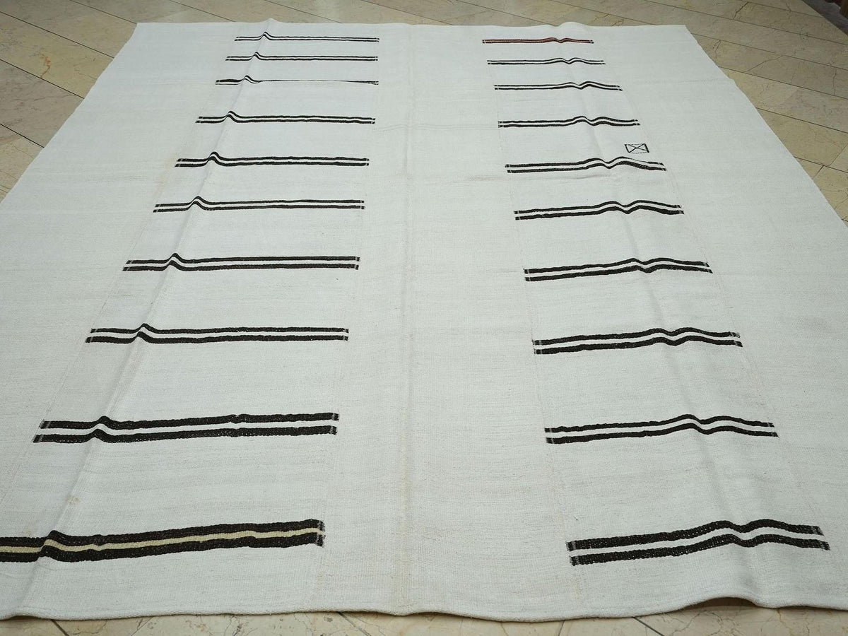Scandinavian Style Turkish Hemp Patchwork Kilim Rug: Minimal Broken Stripe Rugs, 8.2x9.6 Feet.