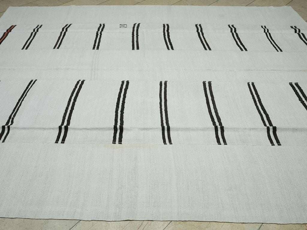 Scandinavian Style Turkish Hemp Patchwork Kilim Rug: Minimal Broken Stripe Rugs, 8.2x9.6 Feet.