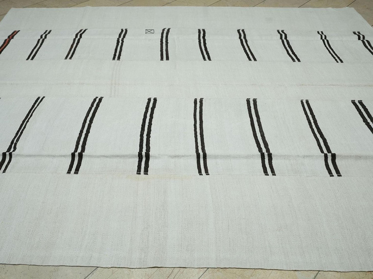 Scandinavian Style Turkish Hemp Patchwork Kilim Rug: Minimal Broken Stripe Rugs, 8.2x9.6 Feet.