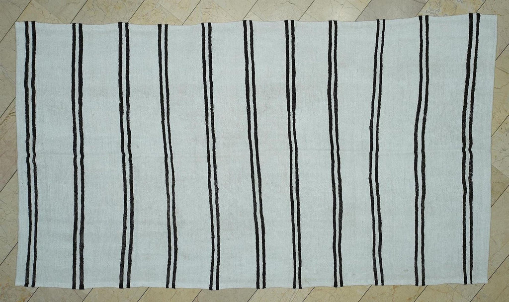 Dark Brown And White Stripe: Turkish Hemp Kilim Rug 6x10.7 ft, Minimalist Style Rugs.