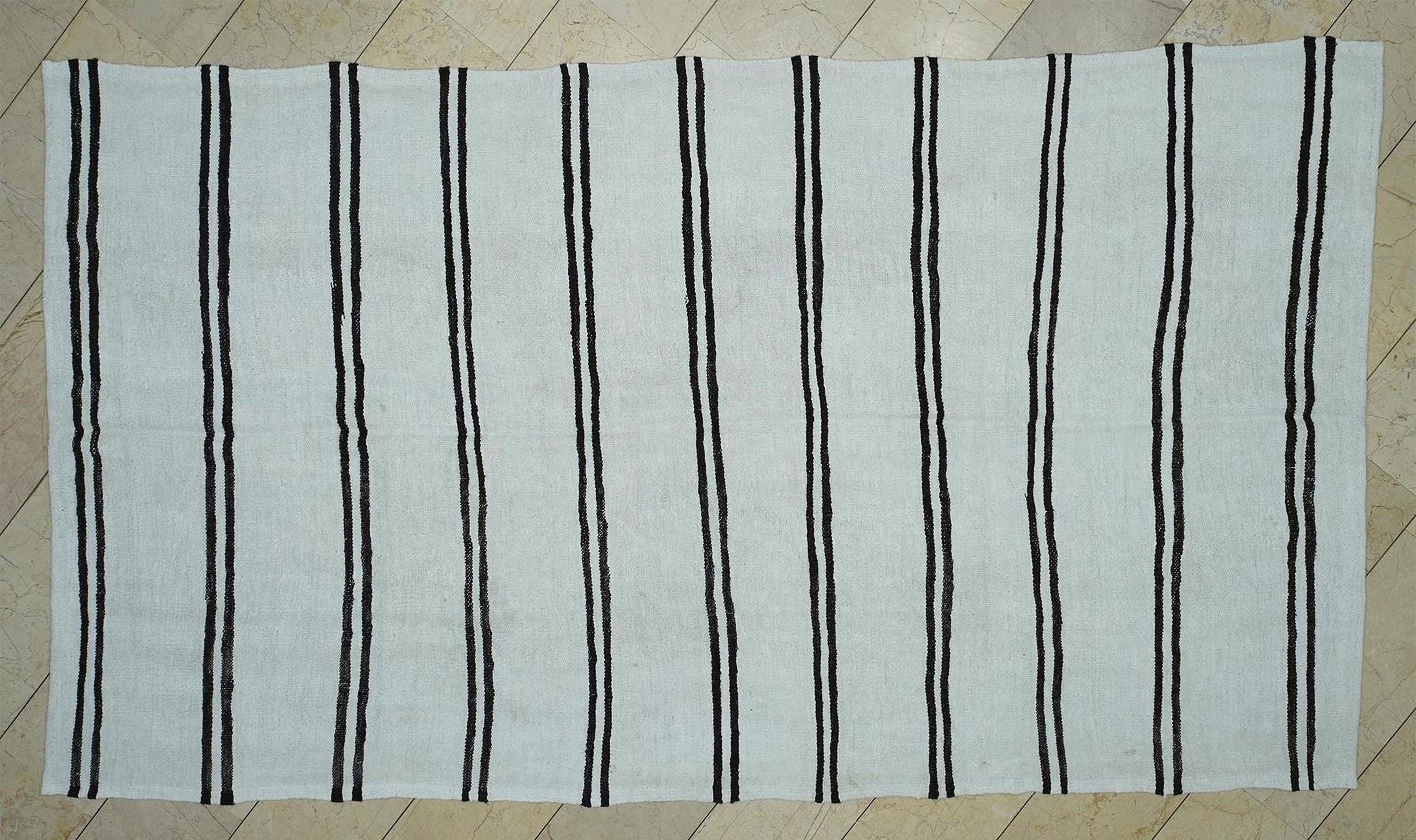 Dark Brown And White Stripe: Turkish Hemp Kilim Rug 6x10.7 ft, Minimalist Style Rugs.