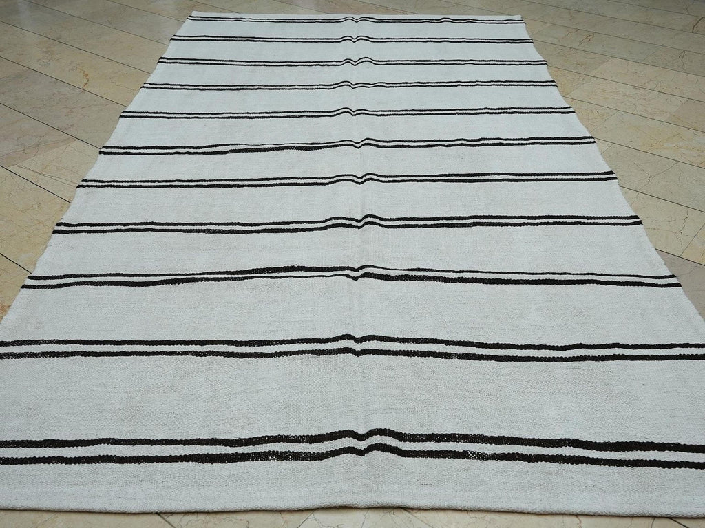 Dark Brown And White Stripe: Turkish Hemp Kilim Rug 6x10.7 ft, Minimalist Style Rugs.