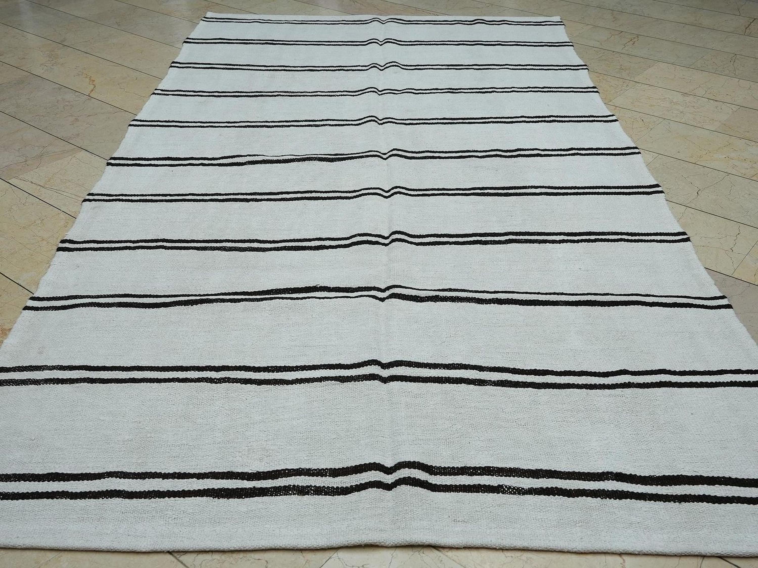 Dark Brown And White Stripe: Turkish Hemp Kilim Rug 6x10.7 ft, Minimalist Style Rugs.