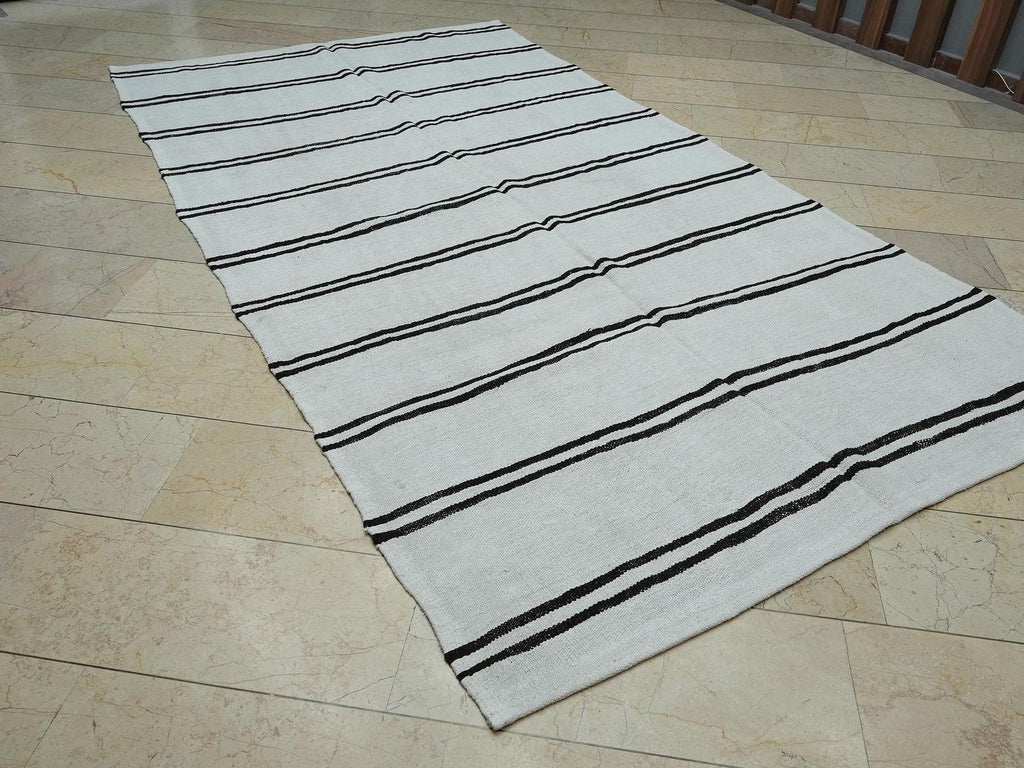 Dark Brown And White Stripe: Turkish Hemp Kilim Rug 6x10.7 ft, Minimalist Style Rugs.
