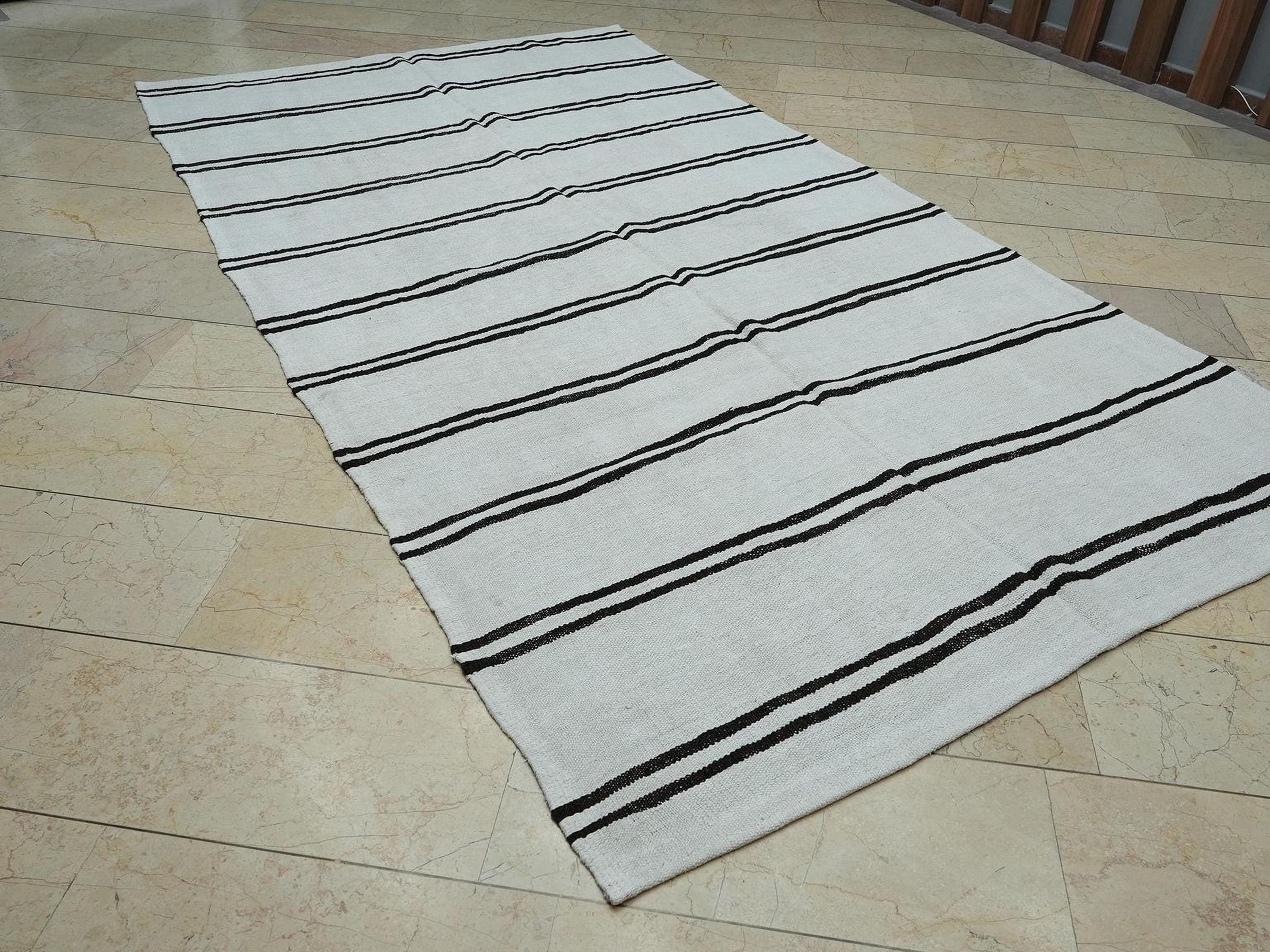 Dark Brown And White Stripe: Turkish Hemp Kilim Rug 6x10.7 ft, Minimalist Style Rugs.