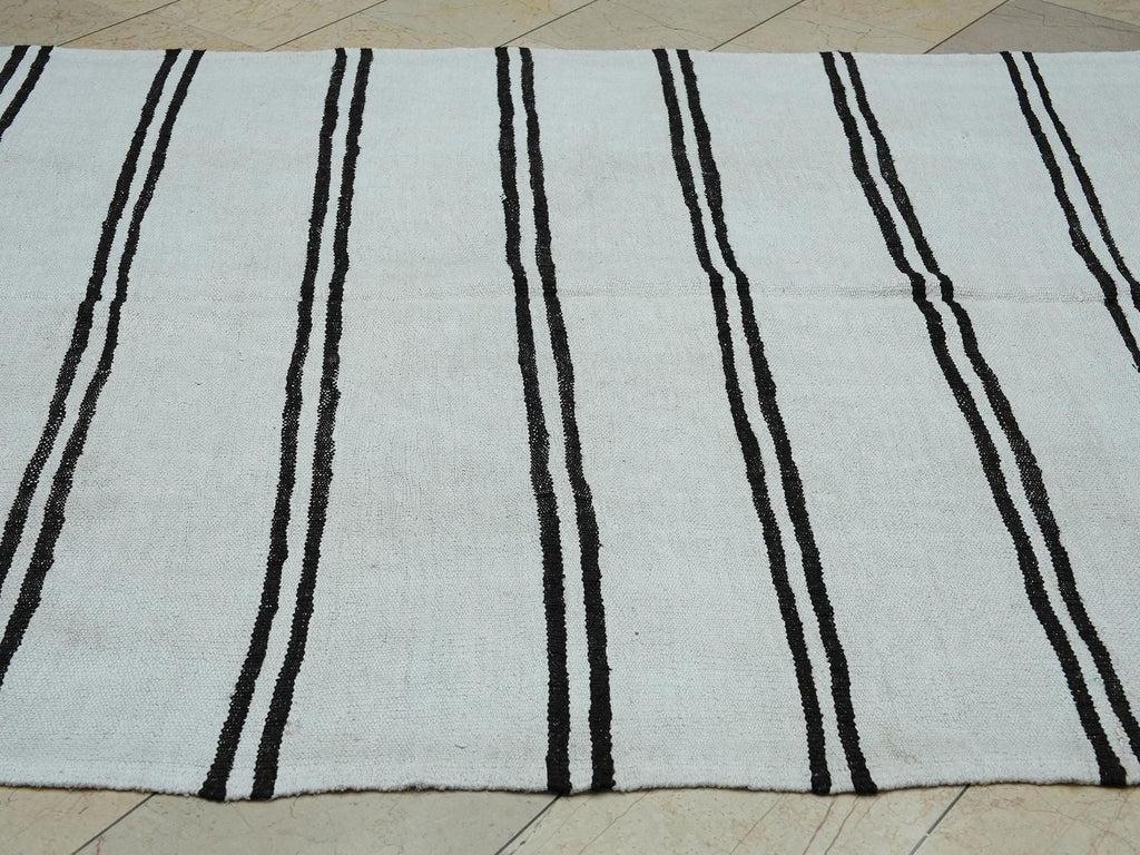 Dark Brown And White Stripe: Turkish Hemp Kilim Rug 6x10.7 ft, Minimalist Style Rugs.
