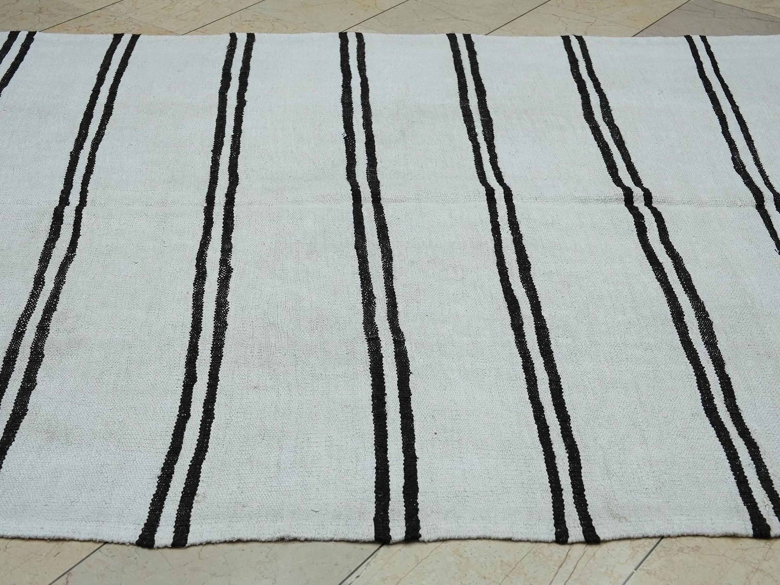 Dark Brown And White Stripe: Turkish Hemp Kilim Rug 6x10.7 ft, Minimalist Style Rugs.
