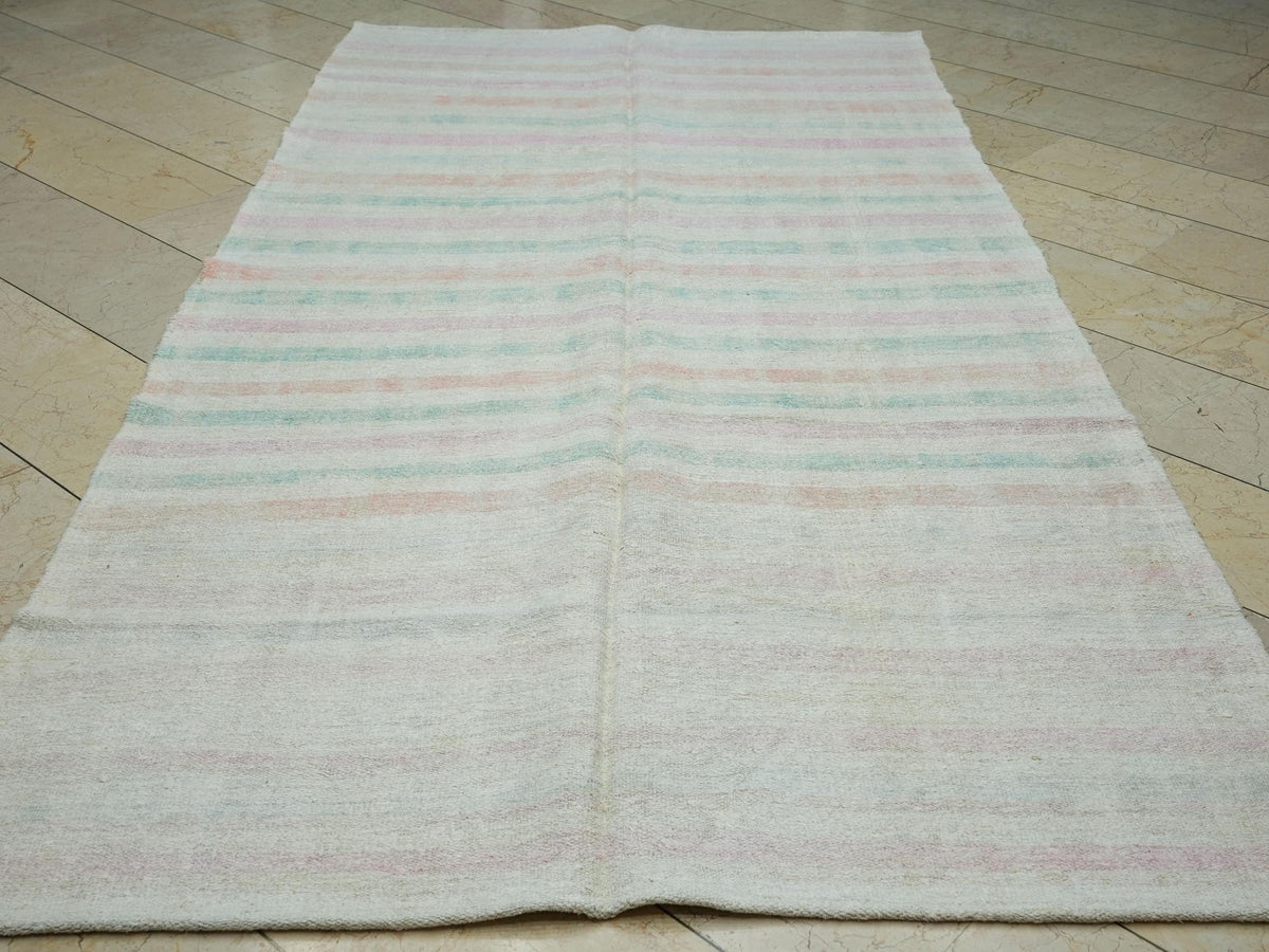Handmade Hemp Kilim Rug: Pink And Blue Stripe  Flat Weave Rugs,5,4"x10,6" Feet