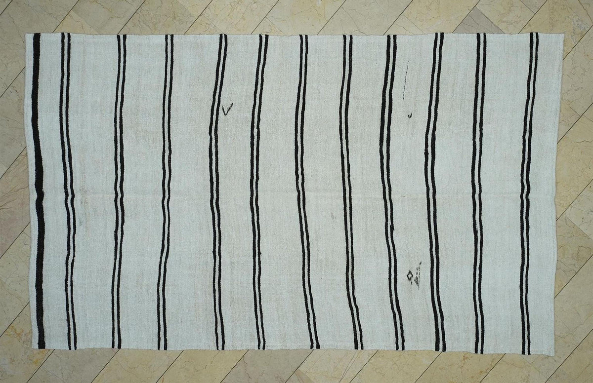 Vintage Hemp Kilim Rug: 6.3x10.7 ft,Dark Brown And White Minimalist Decor Rugs.