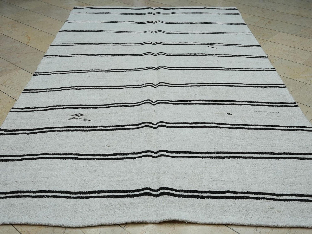 Vintage Hemp Kilim Rug: 6.3x10.7 ft,Dark Brown And White Minimalist Decor Rugs.