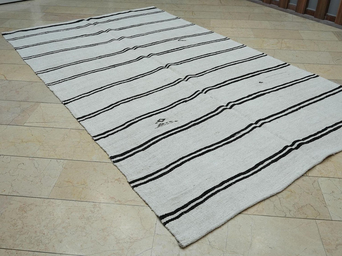Vintage Hemp Kilim Rug: 6.3x10.7 ft,Dark Brown And White Minimalist Decor Rugs.
