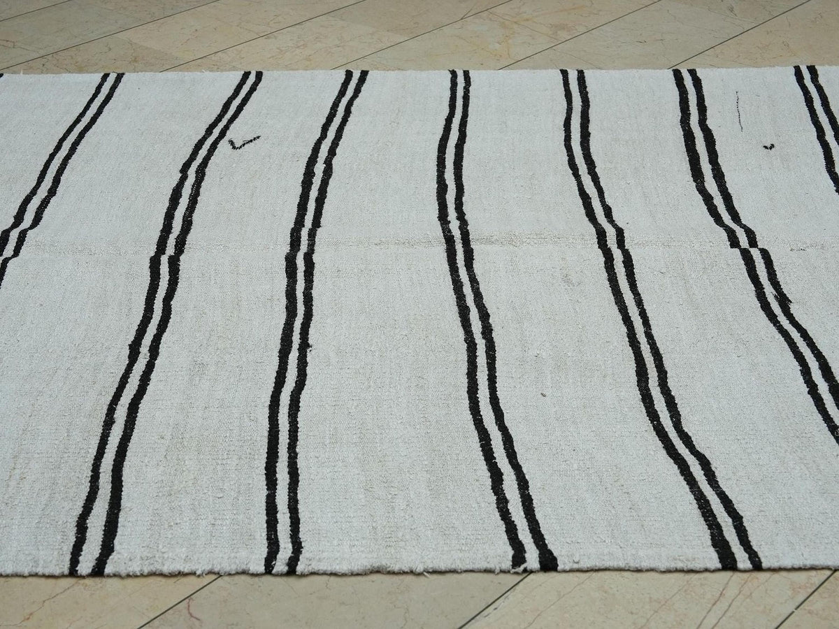 Vintage Hemp Kilim Rug: 6.3x10.7 ft,Dark Brown And White Minimalist Decor Rugs.