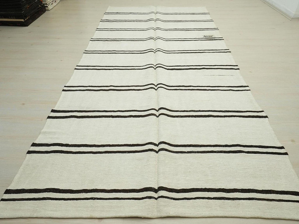 Vintage Hemp Kilim Rug: Dark Brown & White Striped Minimalist Rugs, 5.3"x12.3" Ft.