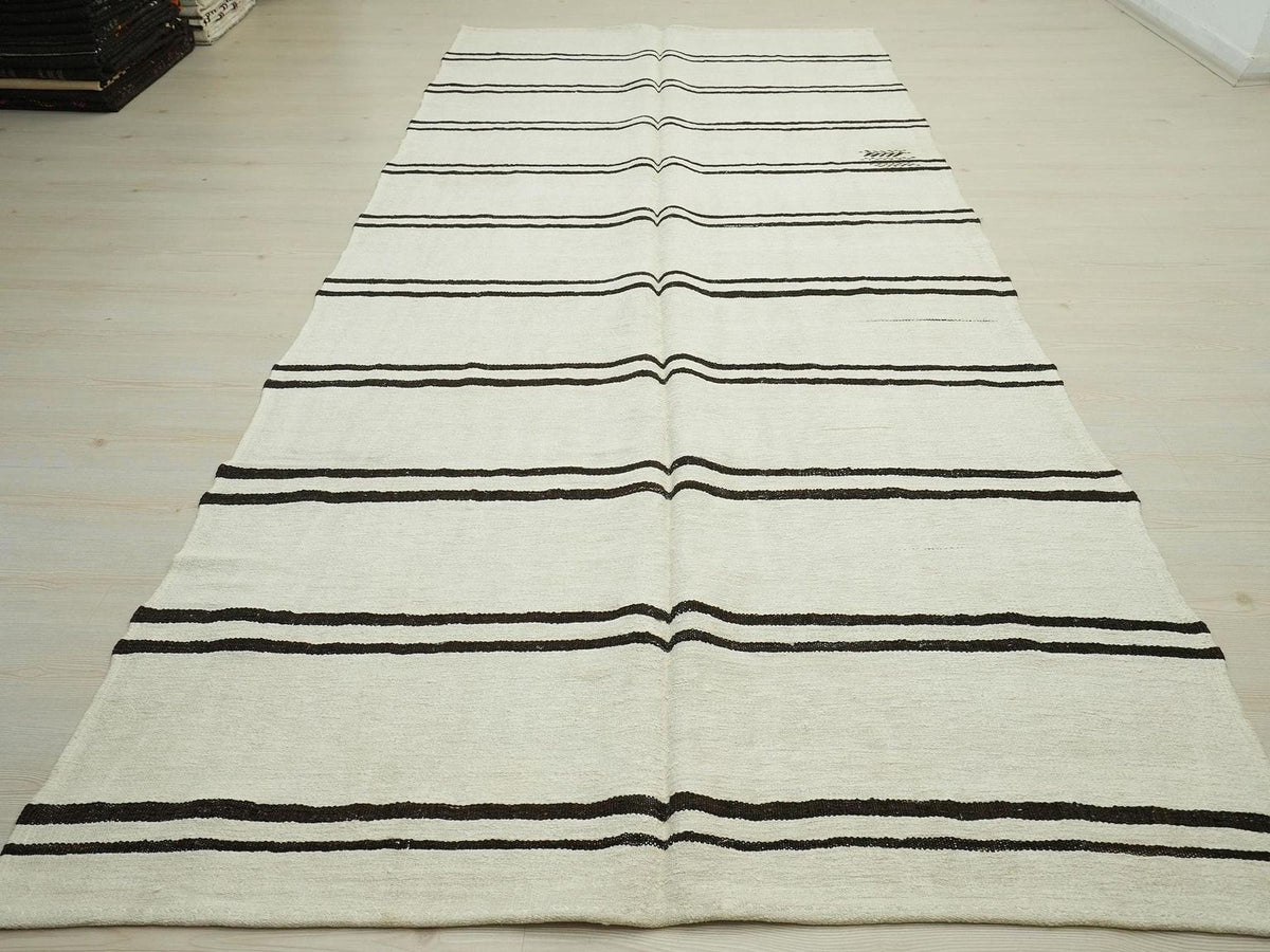 Vintage Hemp Kilim Rug: Dark Brown & White Striped Minimalist Rugs, 5.3"x12.3" Ft.
