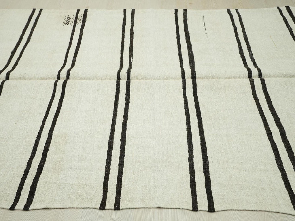Vintage Hemp Kilim Rug: Dark Brown & White Striped Minimalist Rugs, 5.3"x12.3" Ft.