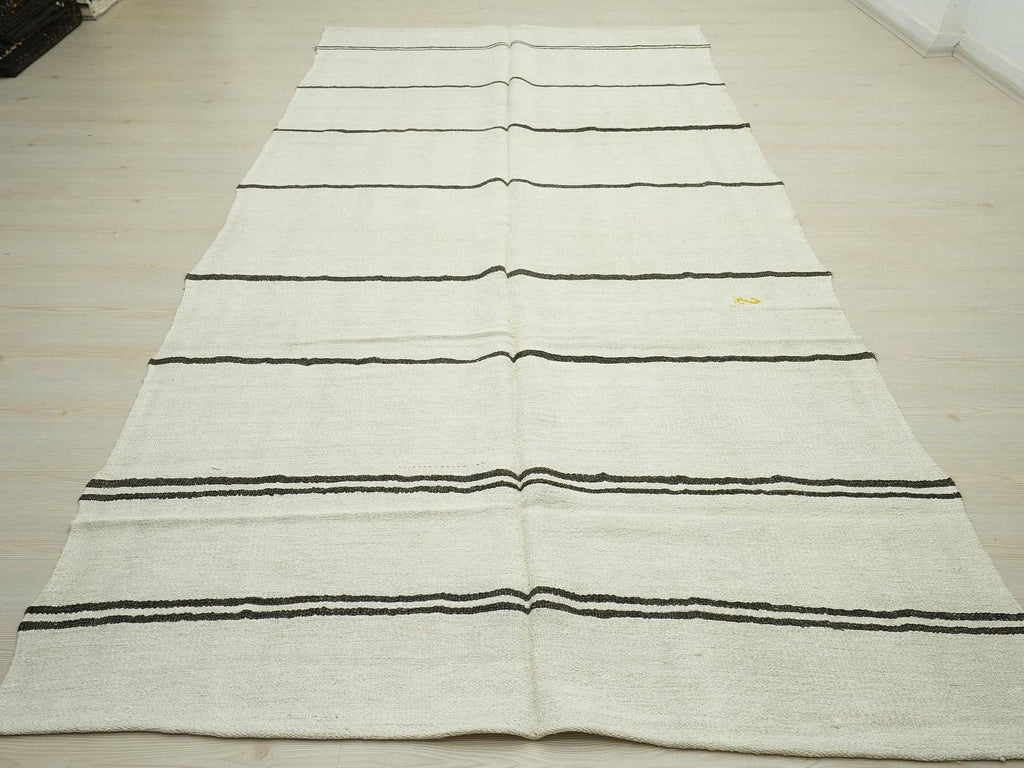 Turkish Organic Hemp Kilim Rug: Brown & White Stripe, Scandinavian Decor Rugs, 5,5"x11,3" Feet.