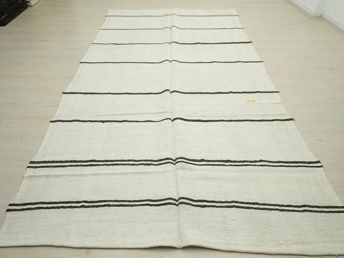 Turkish Organic Hemp Kilim Rug: Brown & White Stripe, Scandinavian Decor Rugs, 5,5"x11,3" Feet.