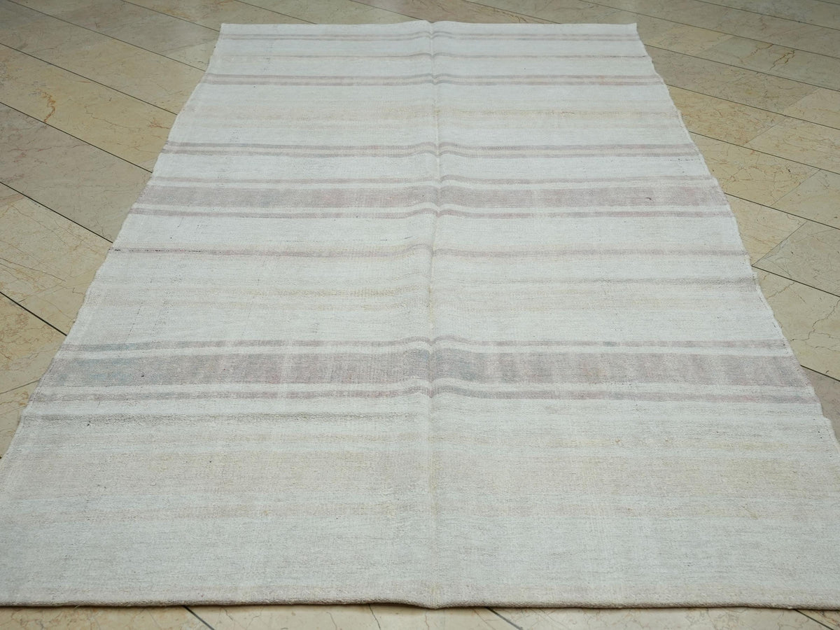 Striped Hemp Kilim Rug: Mid-Century Modern Flat Weave Rugs, 5,1"x9,5" Feet.