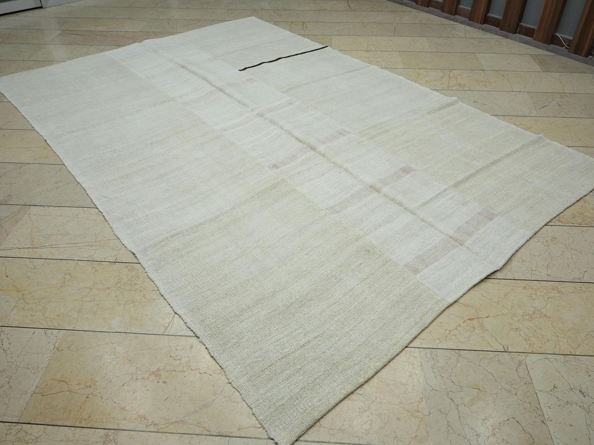 Off White Striped Hemp Rug: Mid Century Modern Decor Rugs, 6,5"x9,6" Feet.