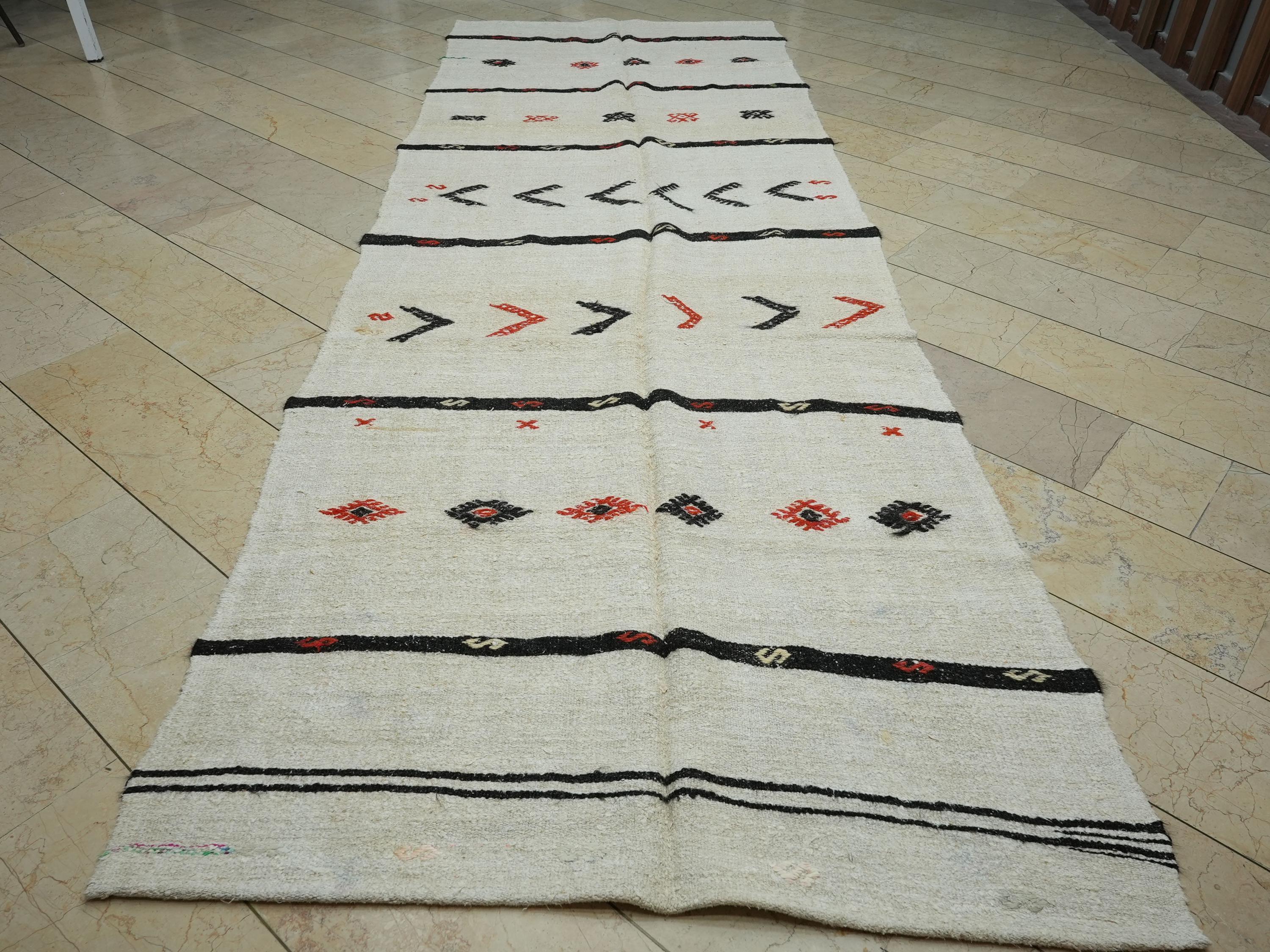 Eco-friendly Vintage Hemp Kilim Rug: 5x14 Minimalist Stripe Runner.