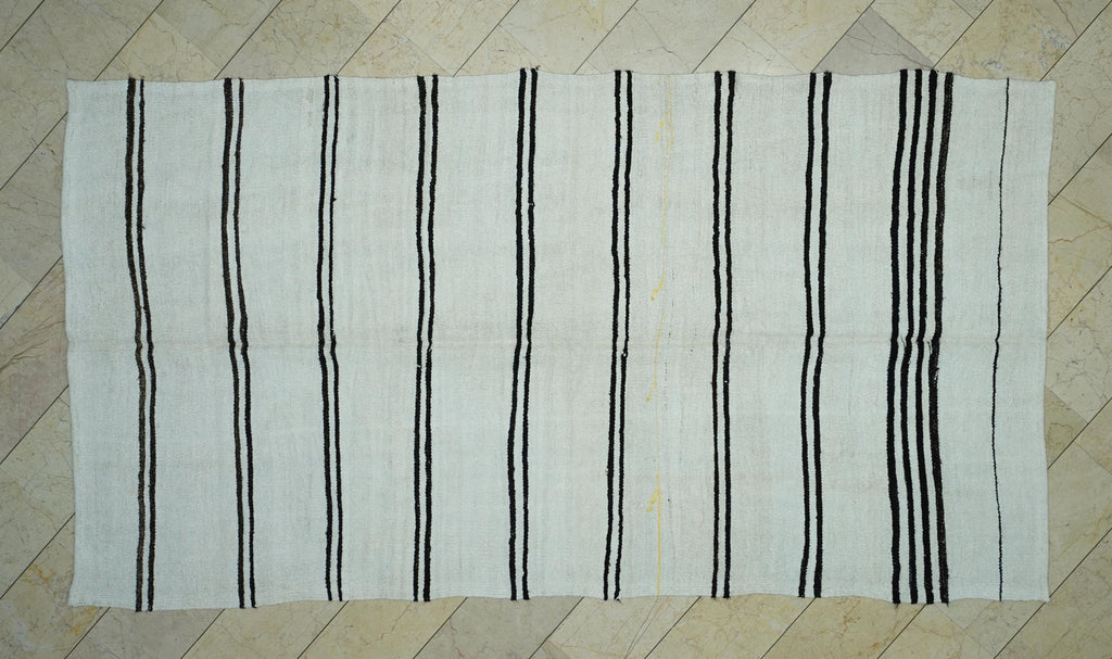 Dark Brown and Off White Striped Hemp Kilim Rug: 6"x11' Turkish Flat Woven Rugs.