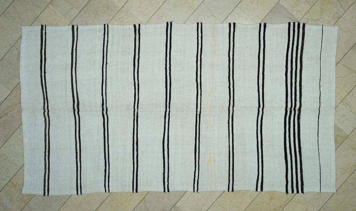 Dark Brown and Off White Striped Hemp Kilim Rug: 6"x11' Turkish Flat Woven Rugs.