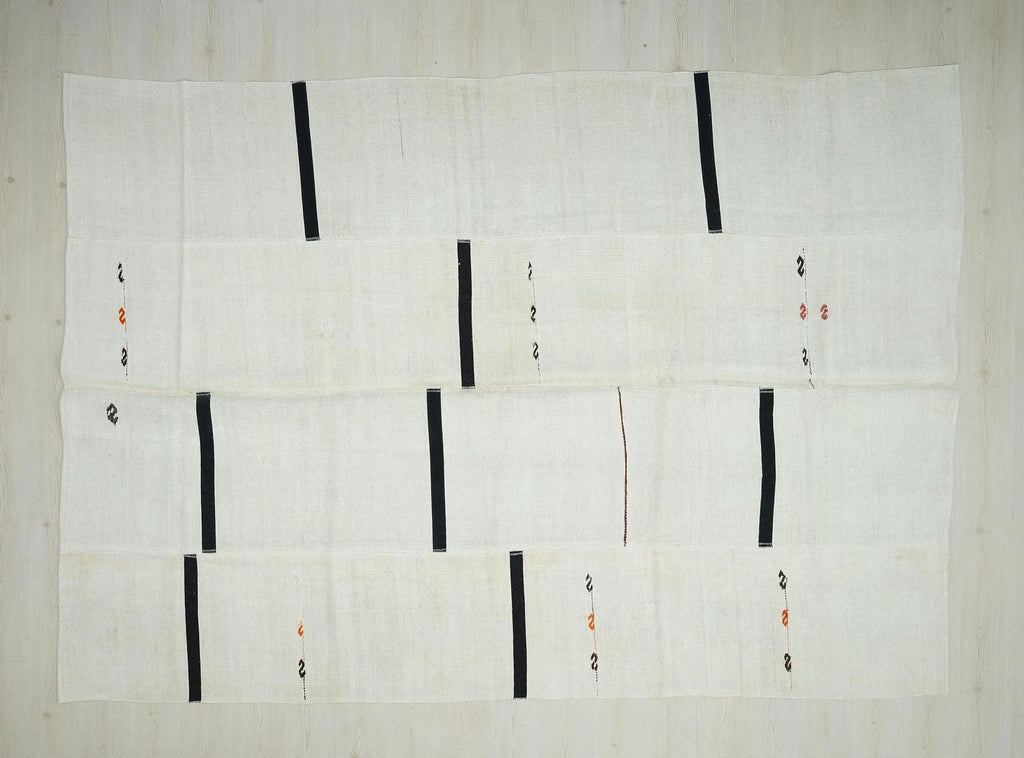 Off White Black Neutral Hemp Turkish Patchwork Kilim Rug: 8x11