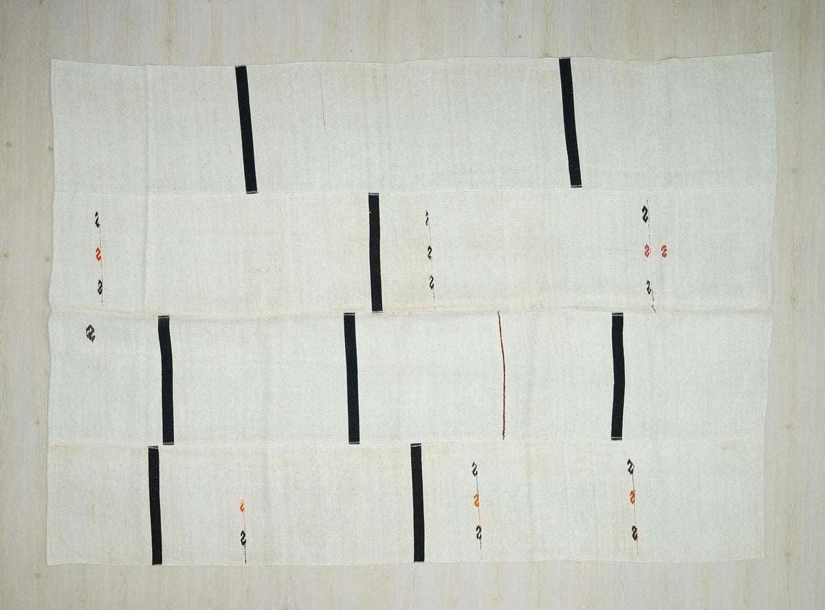 Off White Black Neutral Hemp Turkish Patchwork Kilim Rug: 8x11