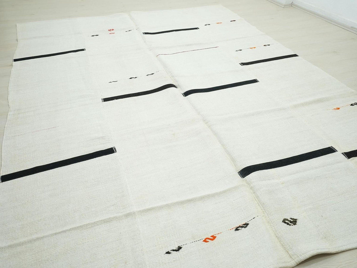 Off White Black Neutral Hemp Turkish Patchwork Kilim Rug: 8x11