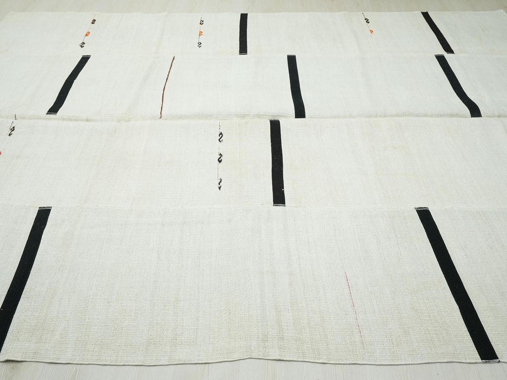 Off White Black Neutral Hemp Turkish Patchwork Kilim Rug: 8x11