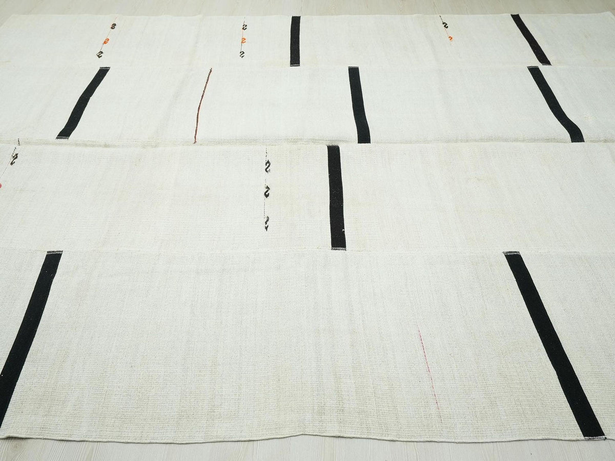Off White Black Neutral Hemp Turkish Patchwork Kilim Rug: 8x11