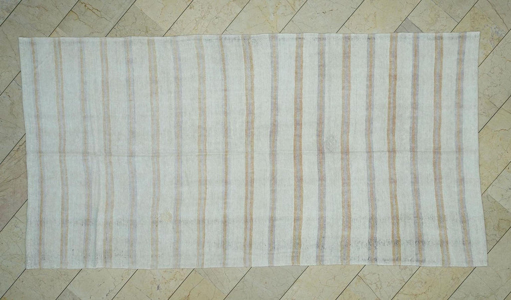 Terra-cotta Stripe Handmade Hemp Kilim Rug: Minimalist Flat Weave Rugs, 5.5"x10.6" Ft.