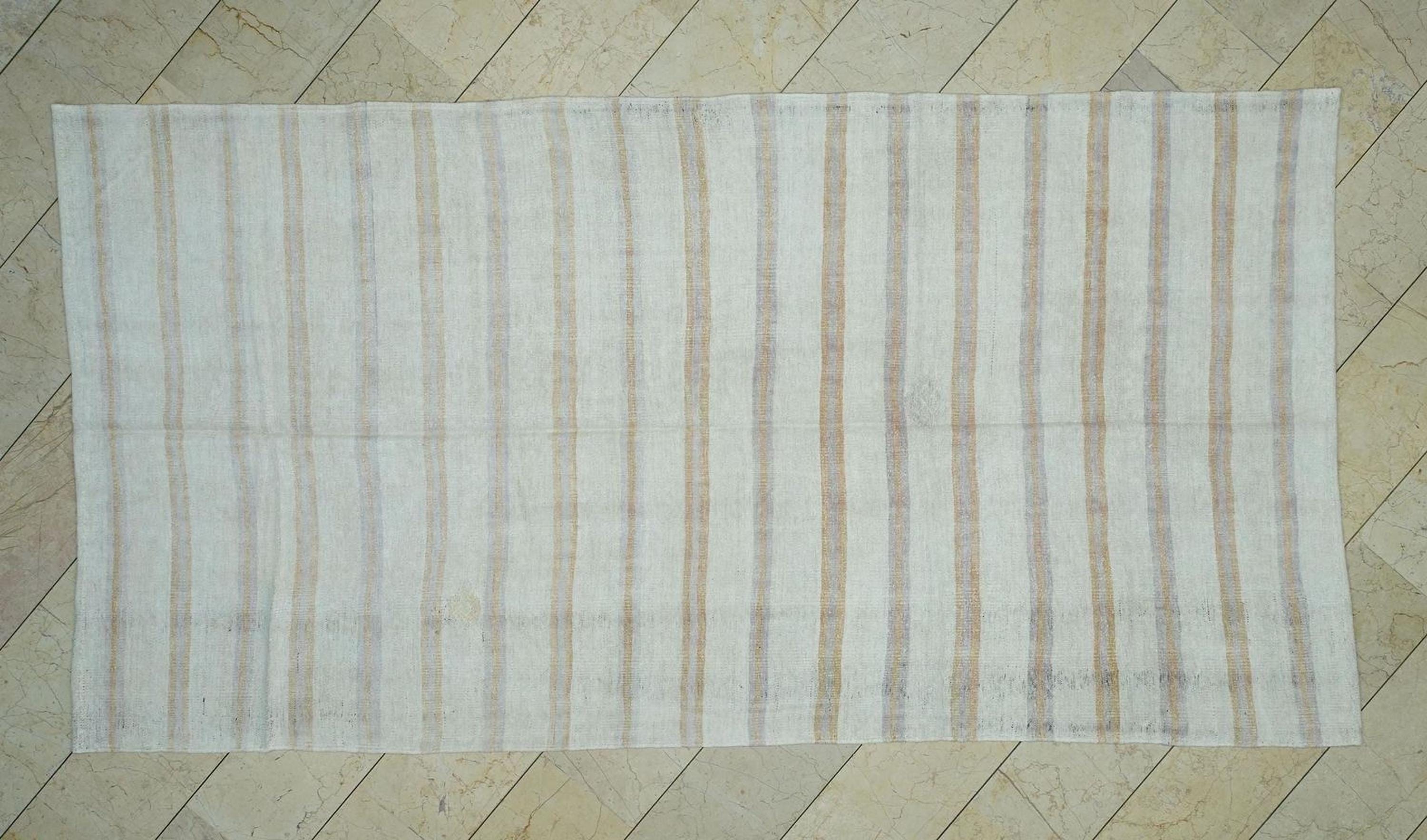 Terra-cotta Stripe Handmade Hemp Kilim Rug: Minimalist Flat Weave Rugs, 5.5"x10.6" Ft.
