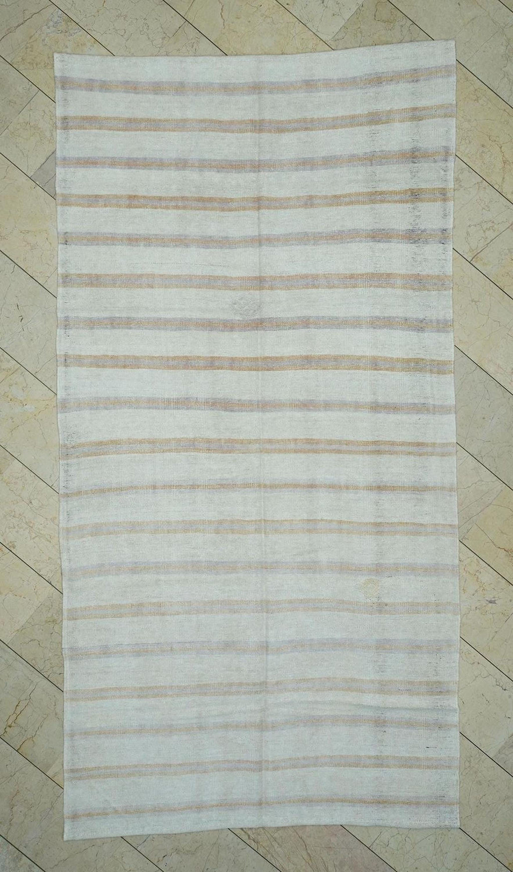 Terra-cotta Stripe Handmade Hemp Kilim Rug: Minimalist Flat Weave Rugs, 5.5"x10.6" Ft.